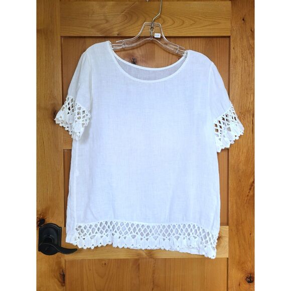 White 100% Linen Crochet Trim SMALL Round Neck Blouse Made Italy Minimalist - Picture 2 of 5
